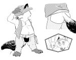  2018 anthro belly bulge butt canid canine clothing cowboy cowboy_hat disney fox gerardson gideon_grey group hat headgear headwear hi_res humanoid_hands judy_hopps lagomorph leporid male mammal monochrome moobs nick_wilde overweight overweight_male rabbit underwear weapon zootopia 