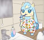  2021 bathroom blue_body blue_eyes blue_fur blush brush brushing brushing_teeth chibi clothed clothing dewlap_(anatomy) digital_media_(artwork) female floppy_ears fur hi_res holding_object kemono lagomorph leporid long_ears lop_ears mammal mirror multicolored_body multicolored_fur pajamas pyritie rabbit semi-anthro sink soap sofu_(pyritie) solo swirl tan_body tan_fur thick_thighs toilet toilet_paper toothbrush toothpaste topwear two_tone_body two_tone_fur 