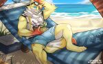  alcohol anthro beach beverage bulge canid canine canis clothed clothing cocktail demon drinking hi_res hybrid male mammal midnight_blue muscular muscular_anthro muscular_male seaside solo summer swimwear wolf 