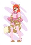  2017 anthro blush bow_(knot) brown_body brown_fur canid canine clothing diaper digital_drawing_(artwork) digital_media_(artwork) dress female flat_colors footwear fox fur hair hi_res looking_down mammal orange_hair pink_background pink_clothing pink_diaper pink_dress pink_eyes signature simple_background socks solo standing toeless_footwear toeless_socks wen 