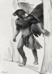  2021 4_toes 5_fingers alsares anthro avian beak bird bottomwear clothing corvid corvus_(genus) crow digital_media_(artwork) feet felid fingers gryphon hi_res hybrid loincloth looking_aside male mammal monochrome mythological_avian mythology oscine passerine solo standing toes 