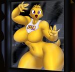  2019 absurd_res against_surface anthro avian beakless bib big_breasts bird breasts checkered_wall chica_(fnaf) chicken female five_nights_at_freddy&#039;s galliform gallus_(genus) hand_on_glass hand_on_wall hi_res lyn_nyl navel on_glass phasianid purple_eyes solo thick_thighs video_games yellow_body 