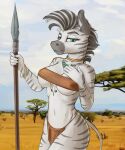  2021 anthro big_breasts black_and_white_body black_and_white_hair breasts ear_piercing equid equine female green_eyes hi_res jewelry kelkessel looking_at_viewer mammal melee_weapon piercing polearm solo spear stripes tribal tribal_clothing weapon zebra 