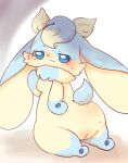  2021 big_butt blue_body blue_eyes blue_fur blush bodily_fluids breasts butt chibi dewlap_(anatomy) digital_media_(artwork) female floppy_ears fur genitals hi_res kemono lagomorph leporid long_ears looking_at_viewer looking_back looking_back_at_viewer lop_ears mammal multicolored_body multicolored_fur nipples nude open_mouth open_smile presenting presenting_hindquarters pussy rabbit rear_view sakaeguchi_okarina semi-anthro simple_background small_breasts smile sofu_(pyritie) solo sweat swirl tan_body tan_fur thick_thighs two_tone_body two_tone_fur 