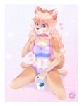  anthro belly beverage blonde_hair border breasts canid canine canis choker cleavage clothed clothing domestic_dog female hair hi_res jewelry kneeling mammal necklace obakawaii purple_eyes simple_background solo starbucks underwear white_border 