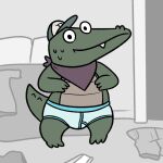  1:1 alligator alligatorid anthro bandanna baseball_cap bed blue_briefs bottomwear briefs clothing crocodilian furniture green_body green_scales hat headgear headwear inside kerchief later_alligator male nishi_oxnard pants pat_(later_alligator) pillow reptile scales scalie smile solo teeth_showing underwear 