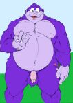  2021 4_fingers anthro ape balls belly bodily_fluids bonzi_buddy computer_program_(species) digital_organism_(species) fingers genitals gorilla haplorhine hi_res hopelesshighschool humanoid_genitalia humanoid_hands humanoid_penis male mammal moobs navel nipples overweight overweight_male penis primate purple_body simple_background solo sweat 