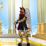  1:1 angel anthro armor biceps canid canine canis clothed clothing collar digital_media_(artwork) domestic_dog german_shepherd herding_dog hi_res male mammal melee_weapon muscular muscular_anthro muscular_male pastoral_dog solo sword teinwilde video_games weapon wings 