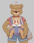  &lt;3 animal_onesie anthro baby_carrier blush child claws diaper diaper_bag diaper_bulge duo eyes_closed female hi_res human male mammal pacifier pacifier_in_mouth pawpads paws skidoo smile spread_legs spreading standing toddler ursid young 