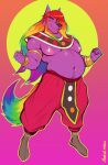  absurd_res anthro bottomwear bracelet canid canine clothing dragon_ball dragon_ball_super fur hair hi_res jewelry long_hair male mammal marlon.cores multicolored_hair musclegut navel nipples pants pecs purple_body purple_fur rainbow_hair solo 