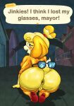  absurd_res animal_crossing anthro anus big_butt blush butt canid canine canis clothing crossover detailed_background digital_media_(artwork) domestic_dog eifiemoth english_text eyewear female footwear fur genitals glasses glasses_on_butt hair hanna-barbera hi_res isabelle_(animal_crossing) legwear looking_at_viewer looking_back mammal nintendo open_mouth outside plantigrade pussy scooby-doo_(series) shih_tzu shoes smile solo stockings teeth text thick_thighs topwear toy_dog velma_dinkley video_games yellow_body yellow_fur 
