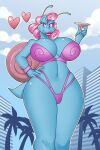  2:3 absurd_res anthro beverage big_breasts bikini blue_body breasts cleavage clothed clothing female gastropod hair hand_on_hip hi_res mature_female mollusk nauth pink_hair snail swimwear 