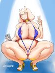  absurd_res anthro areola big_breasts bikini boss_monster bovid breasts caprine cellphone clothing crouching female fur genitals gesture hi_res high_heels mammal mature_female nicoguer phone potbelly pussy pussy_floss sling_bikini solo swimwear toriel undertale undertale_(series) v_sign video_games white_body white_fur 