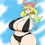  1:1 2017 animal_humanoid big_breasts bikini blonde_hair breast_squish breasts cleavage clothed clothing curvy_figure detailed_background digital_media_(artwork) dragon dragon_humanoid eyes_closed female green_hair hair hat headgear headwear hi_res horn horned_humanoid hourglass_figure huge_breasts humanoid igphhangout long_hair mammal mammal_humanoid miss_kobayashi&#039;s_dragon_maid multicolored_hair navel not_furry outside quetzalcoatl_(dragon_maid) side_boob smile solo squish swimwear tan_body tan_skin teal_hair thick_thighs voluptuous wide_hips 