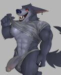  abs absurd_res anthro balls biceps big_balls big_penis blue_nose bodily_fluids canid canine canis claws clothing ear_piercing ear_ring finger_claws fleshformomo fur genital_fluids genitals grey_body grey_fur half-erect hi_res league_of_legends male mammal muscular muscular_anthro muscular_male navel nipples open_mouth open_smile orange_eyes penis piercing pinup pose precum precum_through_clothing quads red_sclera riot_games sharp_teeth shirt simple_background smile solo teeth tongue topwear translucent translucent_clothing underwear video_games warwick_(lol) were werecanid werecanine werewolf wet wet_clothing wolf 