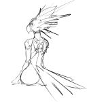  2021 anthro avian beak bird butt clothing digital_media_(artwork) feathers female guoh looking_at_viewer looking_back looking_back_at_viewer monochrome simple_background sketch solo tail_feathers tight_clothing white_background 
