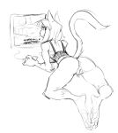  2021 anthro anus bottomless butt clothed clothing digital_media_(artwork) digitigrade domestic_cat felid feline felis female gaming genitals guoh hair looking_at_viewer looking_back looking_back_at_viewer mammal monochrome pawpads playing_videogame pussy screen simple_background sketch smile solo white_background 
