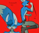  anthro biru_(diamonsion) blade blue_body blue_fur boots canid canine clothed clothing diamonsion digital_media_(artwork) footwear fox fur green_eyes hair hi_res long_ears male mammal muscular muscular_male shirtless simple_background solo teeth text tongue tongue_out weapon white_body white_fur 