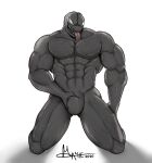  2020 abs absurd_res bulge bulge_grab front_view genitals grey_body hi_res humanoid kneeling long_tongue mache male muscular muscular_male not_furry shadow sharp_teeth signature simple_background smile solo symbiote teeth tongue tongue_out vein white_background white_eyes 