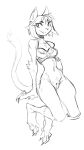  2021 anthro bottomless breasts claws clothed clothing digital_media_(artwork) digitigrade domestic_cat felid feline felis female genitals guoh hair looking_aside mammal monochrome pussy simple_background sketch solo white_background 