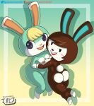  absurd_res animal_crossing anthro black_eyes black_nose blonde_hair blue_eyes breasts brown_body brown_fur butt carmen_(animal_crossing) crossgender digital_media_(artwork) duo female female/female fur green_body green_fur hair hi_res jackintaro lagomorph leporid looking_at_viewer looking_back mammal nintendo nipples nude open_mouth pink_nose rabbit sasha_(animal_crossing) simple_background smile teeth video_games 