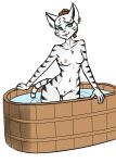  2021 5_fingers ajira_(swordfox) anthro areola bathing bathtub bethesda_softworks braided_hair breasts ear_piercing ear_ring evilymasterful felid feline female fingers flat_colors genitals green_eyes hair khajiit mammal markings nipples nude pantherine piercing ponytail pussy simple_background small_breasts solo standing striped_markings stripes the_elder_scrolls the_elder_scrolls_online tiger tiger_stripes video_games water water_ripple white_background wood_container zenimax_online_studios 