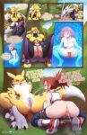  bandai_namco bodily_fluids bottomless breasts clothed clothing digimon digimon_(species) duo english_text female female/female gallantmon genital_fluids genitals hi_res hornygraphite human humanoid male mammal nude peeing peeing_on_another peeing_on_face plant public public_nudity public_urination pussy renamon rika_nonaka sakuyamon text tree urine urine_stream watersports 