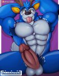  :3 abs animal_crossing anthro antlers armpit_hair balls bam_(animal_crossing) biceps big_muscles big_penis bird&#039;s-eye_view black_nose blue_body blue_fur blue_hair body_hair cervid countershading erection eyebrows fur genitals glistening glistening_eyes grey_body grey_fur hair hi_res high-angle_view horn humanoid_genitalia humanoid_penis looking_at_viewer lying male mammal muscular muscular_anthro muscular_male naughtybigdog navel nintendo nude on_back pecs penis pubes red_eyes smile solo tongue tongue_out video_games yellow_inner_ear 