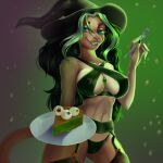  1:1 anthro blue_eyes breasts clothed clothing eating felid female food halloween hat headgear headwear hi_res holidays jewelry lion magic_user mammal moirah nipple_outline pantherine skimpy solo witch witch_hat 