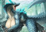  absurd_res areola big_breasts blue_nipples breasts busty_feral capcom claws cleavage clothed clothing dragon eguchi_tumoru featureless_crotch female feral finger_claws hi_res huge_breasts lagiacrus leviathan_(mh) marine monster_hunter nipples open_mouth scales scalie sharp_claws sharp_teeth solo spikes spikes_(anatomy) teeth thick_tail thick_thighs tongue underwater video_games water 