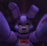  2021 animatronic anthro bearnot black_nose blood blood_on_face bodily_fluids bonnie_(fnaf) bow_tie clothing countershading creepy digital_media_(artwork) digital_painting_(artwork) endoskeleton first_person_view five_nights_at_freddy&#039;s fur hat headgear headwear held_up hi_res holding_viewer lagomorph leporid machine male mammal open_mouth open_smile orange_eyes purple_body purple_fur rabbit robot smile solo teeth top_hat video_games 