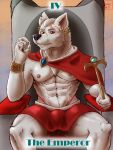  3:4 abs anthro black_nose brown_eyes bulge canid canine canis card chair cheek_tuft clothed clothing emperor facial_tuft fangs fur furniture hermesdidit hi_res jewelry looking_at_viewer major_arcana male mammal muscular muscular_anthro muscular_male nipple_piercing nipple_ring nipples pecs piercing pink_inner_ear royalty simple_background sitting sketch solo tarot_card the_emperor_(tarot) throne tuft white_body white_ears white_fur wolf 