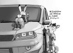  2021 anthro bottomwear butt canid canine car clothing digital_media_(artwork) disney duo eyewear female fox hi_res holding_object inktober inktober_2021 judy_hopps judyhopps44 lagomorph leporid male mammal monochrome necktie nick_wilde pants rabbit red_fox shirt standing sunglasses topwear vehicle zootopia 