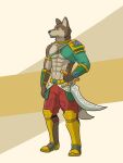  3:4 abs abstract_background absurd_res anthro armor artsywoodpecker biceps bottomwear breath_of_the_wild canid canine canis clothing coyote footwear hi_res holding_object holding_weapon male mammal melee_weapon muscular neck_ring nintendo pants pecs shoes solo sword the_legend_of_zelda video_games weapon 