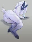  anthro bovid butt caprine fecharis female fur glowing glowing_eyes hair hi_res hooves humanoid kindred_(lol) kuglu lamb_(lol) league_of_legends looking_at_viewer looking_back lying mammal markings mask on_side raised_tail riot_games sheep solo video_games white_body white_fur wide_hips 