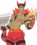  abs alternate_species animal_humanoid anthro clothing digital_media_(artwork) fire flat_colors gasaiv gloves grin handwear hi_res human humanized humanoid incineroar male mammal markings muscular muscular_anthro muscular_male nintendo nipples pok&eacute;ball pok&eacute;mon pok&eacute;mon_(species) smile solo tail_grab teeth tuft video_games yellow_eyes 