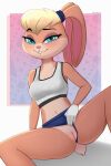  anthro athletic athletic_anthro athletic_female bite biting_lip blonde_hair blue_eyes blush blush_lines body_blush bottomwear bra breasts buckteeth cleavage clitoris clothed clothing clothing_aside digital_media_(artwork) ears_tied_back female genitals gloves green_eyes hair handwear hi_res kobradraws lagomorph leporid lola_bunny looking_at_viewer looney_tunes mammal narrowed_eyes navel no_underwear pink_nose presenting presenting_pussy pussy pussy_blush rabbit seductive shorts signature simple_background sitting smile solo sports_bra spread_legs spreading teeth underwear warner_brothers 