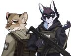  7fennec7 absurd_res alpha_channel anthro backpack black_body black_fur blue_eyes canid canine canis clothing domestic_dog duo erik_axelsson fur gun hi_res hk416 hoodie husky looking_at_viewer male male/male mammal nordic_sled_dog ranged_weapon rifle siberian_husky spitz striped_body striped_fur stripes tactical_gear tarkov topwear weapon yellow_eyes 
