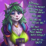 1:1 2021 absurd_res anthro big_breasts blue_eyes blush breasts chest_tuft dimwitdog domestic_cat english_text felid feline felis female green_hair hair headphones hi_res jewelry looking_at_viewer mammal necklace open_mouth paladins pink_nose salt_(paladins) solo text tuft 