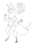  2021 anthro armello black_and_white breasts canid canine dialogue english_text female fox full-length_portrait half-closed_eyes hi_res jewelry mammal mhdrawin monochrome narrowed_eyes necklace nipples nude portrait scarlet_(armello) sketch solo speech_bubble spot_color standing text video_games 