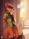  2021 3:4 anthro brown_body brown_fur bulge canid canine clothing dialogue digital_media_(artwork) disney english_text eyebrows eyelashes fox fur green_eyes hi_res looking_at_viewer male mammal necktie nick_wilde orange_body orange_fur patto smile solo talking_to_viewer text undressing zootopia 