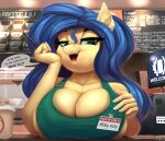 absurd_res anthro apron apron_only big_breasts blue_hair breasts cleavage clothed clothing container cup dialogue digital_media_(artwork) equid equine eyebrows eyelashes fan_character female hair hasbro hi_res i_mean_breast_milk long_hair looking_at_viewer mammal meme milky_way_(character) mostly_nude my_little_pony open_mouth pen pony-way shaded solo speech_bubble yellow_body 