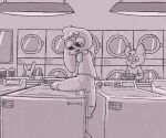  6:5 amputee anthro appliance armless bottomless bunnyqueen clothed clothing detailed_background disability english_text female female_focus genitals group half-closed_eyes hi_res holding_object improvised_sex_toy inside lagomorph lamp laundromat laundry_basket leporid looking_at_another male mammal masturbation narrowed_eyes pussy rabbit restricted_palette sitting spot_color standing text trio vibrating washing_machine 