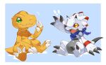  agumon ambiguous_gender anthro bandai_namco bandanna belly black_claws claws digimon digimon_(species) digimon_ghost_game dinosaur duo gammamon green_eyes horn kerchief reptile scalie sitting slightly_chubby white_body white_claws wolftapioca yellow_body yellow_eyes 