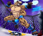  2020 abs anthro biceps big_bulge big_muscles blue_eyes bottomwear brown_body brown_fur brown_spots bulge clothing collar detailed_background digital_media_(artwork) english_text feet fighting_pose fighting_ring fingerless_gloves fingers fur gloves grey_body grey_fur hair handwear huge_muscles hungothenomster hyaenid male mammal multicolored_body multicolored_fur muscular muscular_anthro muscular_male muscular_thighs navel pecs pose sharp_teeth shorts solo space spacey_the_hyena spiked_collar spikes spots spotted_body spotted_fur spotted_hyena tan_body tan_fur tan_hair teeth text toes two_tone_body two_tone_fur ufc 