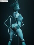  2021 3d_(artwork) absurd_res android anthro biped black_background blue_body breasts butt dancing detailed digital_media_(artwork) female fingers hair hi_res humanoid jenny_wakeman light light_body lighting looking_at_viewer lox_(artist) machine multicolored_body my_life_as_a_teenage_robot nickelodeon not_furry nude pole pole_dancing portrait rear_view robot robot_humanoid russian_text shaded simple_background smaller_version_at_source smile solo standing tattoo teal_body text three-quarter_portrait two_tone_body url watermark white_body 