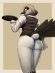  3:4 anthro anus avian bartender bird bottomless butt clothed clothing female fish_birb genitals hi_res millie_(fish_birb) narrowed_eyes no_pants no_underwear oscine partially_clothed passerine plate pussy raised_tail simple_background solo starling_(bird) suit waiter 