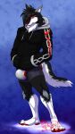  2020 anthro big_bulge black_body black_fur black_hair blue_background bottomwear bulge canid canine canis clothing digital_media_(artwork) feet fur ghost_woods_j hair hands_in_pockets hi_res hoodie hungothenomster looking_at_viewer male mammal multicolored_body multicolored_fur one_eye_obstructed pockets red_eyes shorts signature simple_background solo standing teeth toes topwear two_tone_body two_tone_fur white_body white_fur wolf 