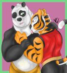  absurd_res amber_eyes anthro black_body black_fur clothing dreamworks duo felid female fur giant_panda green_eyes hi_res kung_fu_panda licking male male/female mammal master_po_ping master_tigress notamo orange_body orange_fur pantherine red_clothing romantic romantic_couple smile tongue tongue_out ursid 