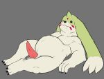  absurd_res animal_genitalia anthro bandai_namco belly black_nose claws digimon digimon_(species) doritomon erection facial_markings fur gargomon genitals green_body green_fur head_markings hi_res horn lying male markings nude penis simple_background sitting slightly_chubby solo 